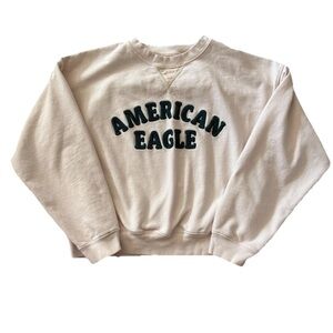 American Eagle Beige Crewneck Sweatshirt Fleece Pullover Logo Appliqué Size SM